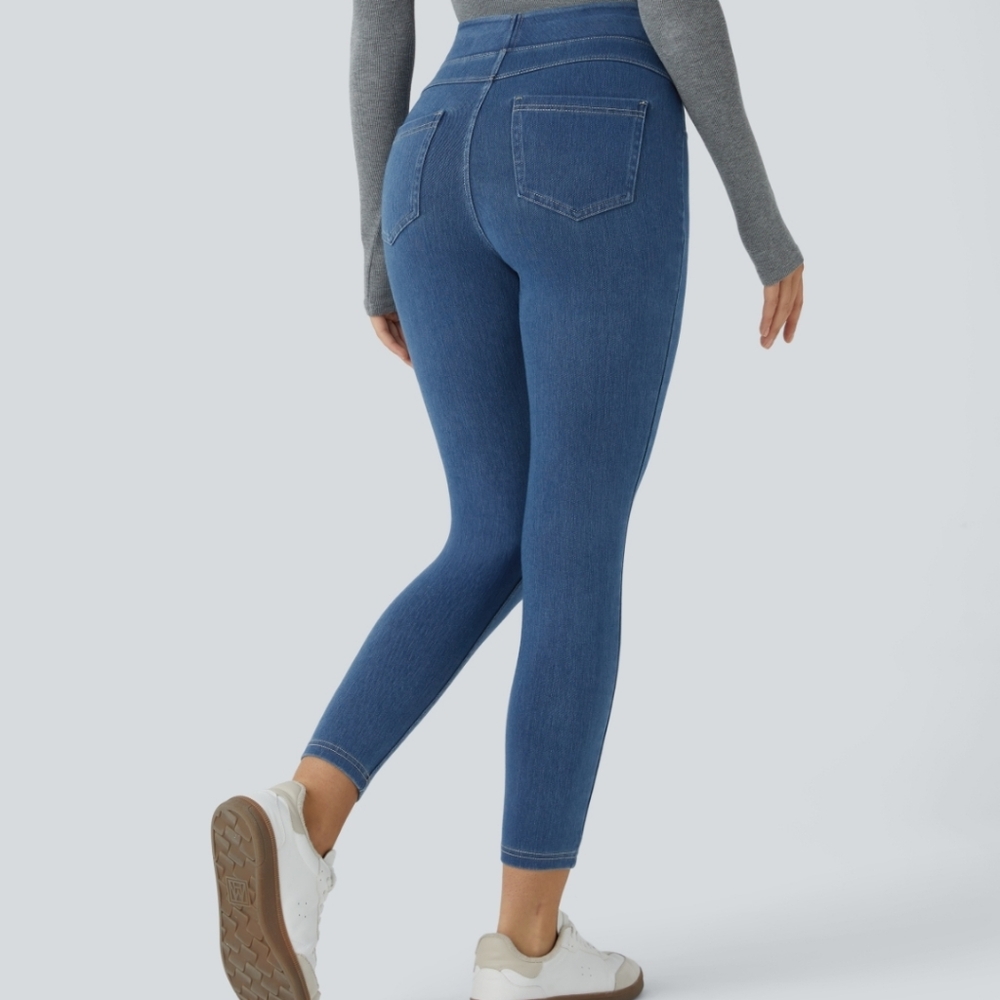 Halara NWOT Flex High Waisted Pocket Denim Casual Leggings L Denim Dark Blue